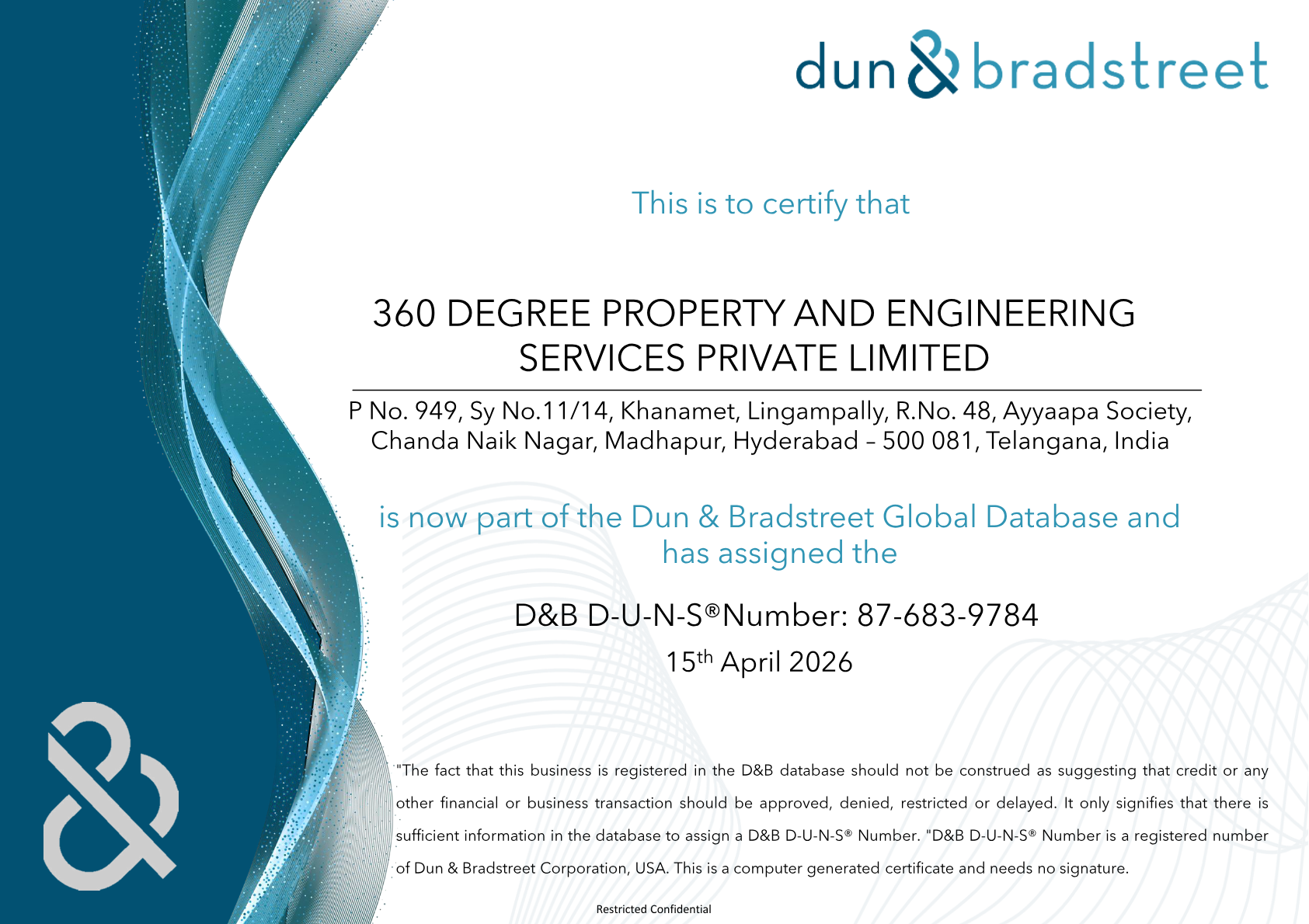 Dun and Bradstreet D-U-N-S business certificate issued to 360 Degree Property and Engineering Services