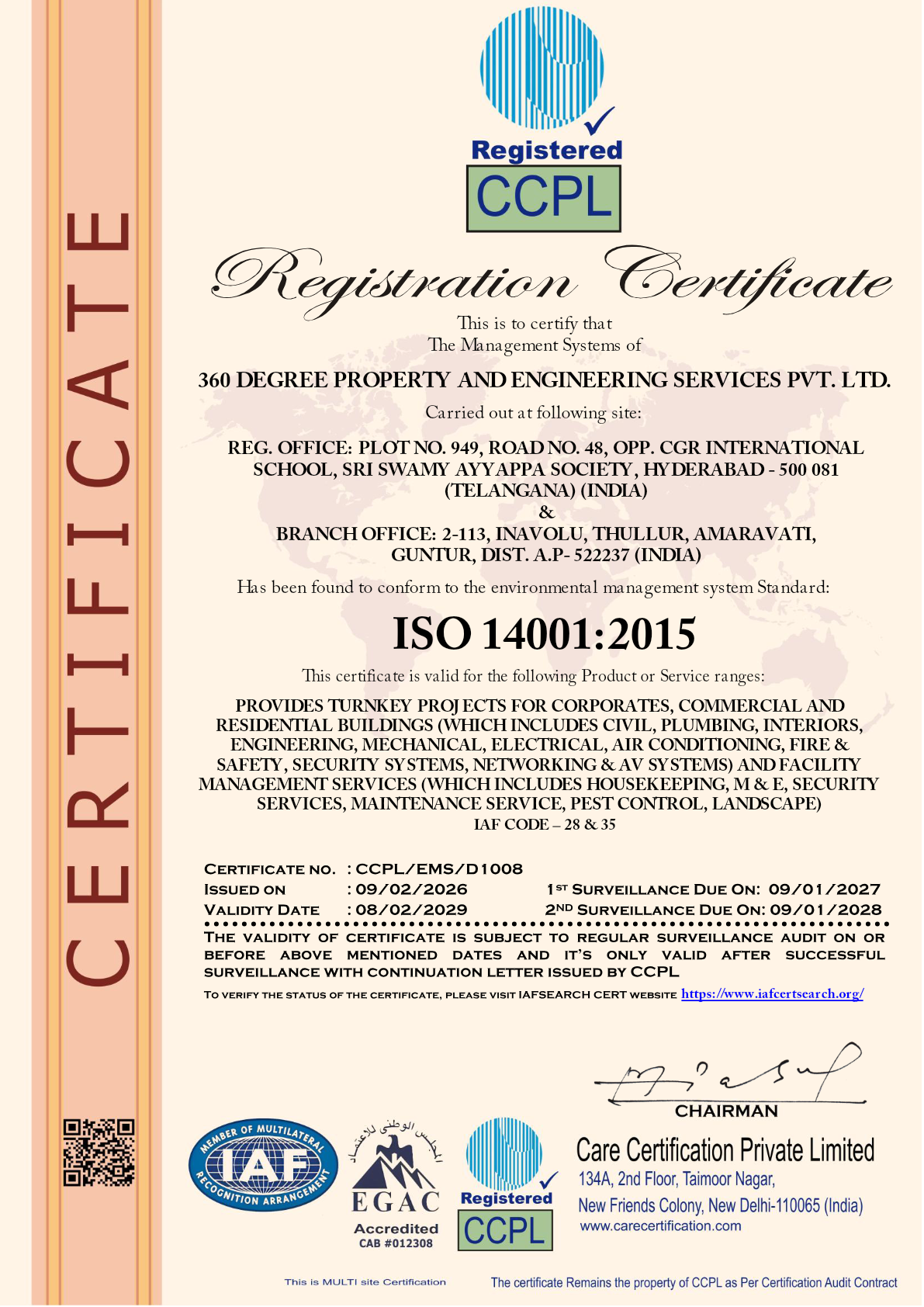 ISO 14001:2015 Environmental Management System certificate issued to 360 Degree Property and Engineering Services