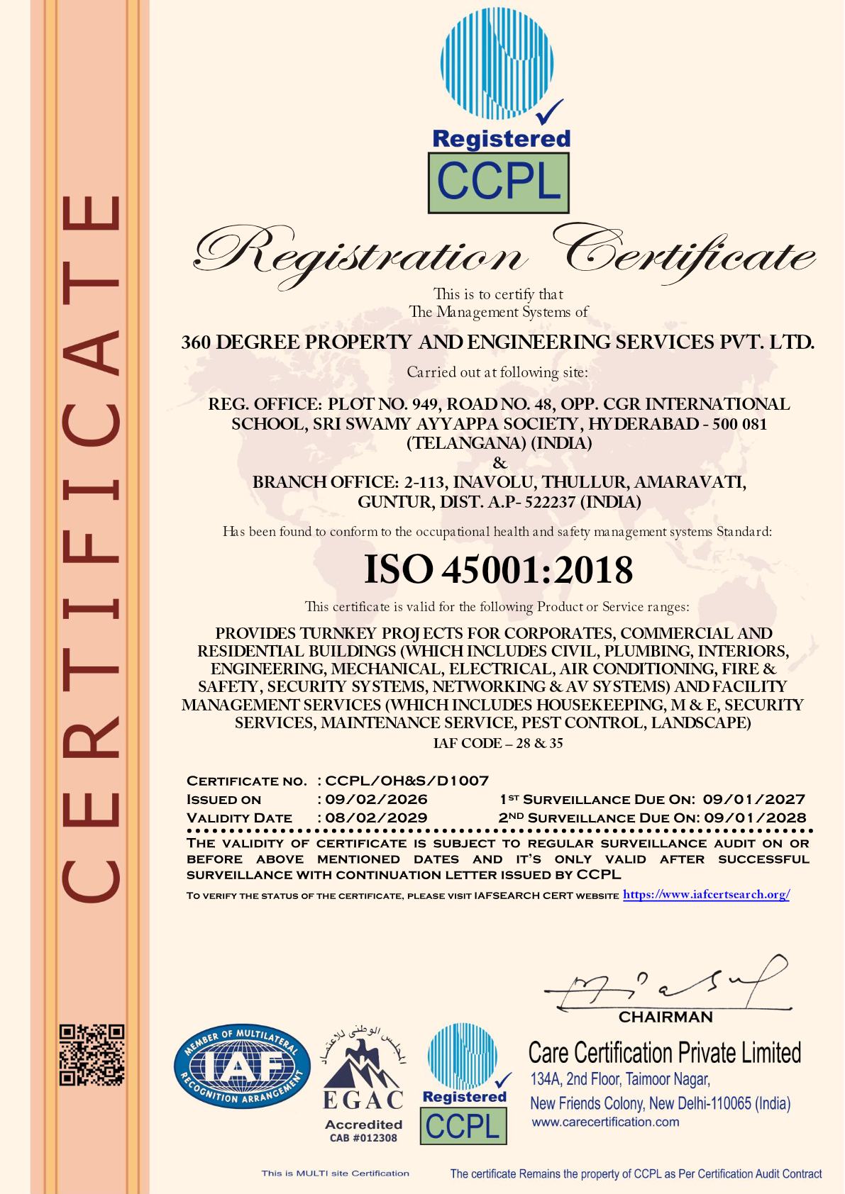 ISO 45001:2018 Occupational Health and Safety Management System certificate issued to 360 Degree Property and Engineering Services