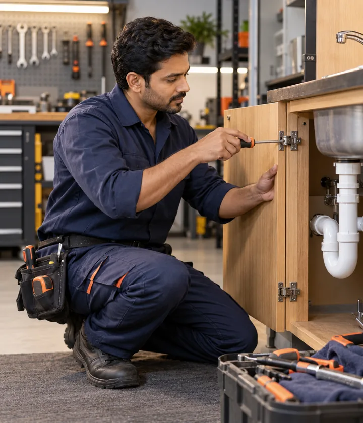 Maintenance craftsperson repairing cabinetry beside sink plumbing
