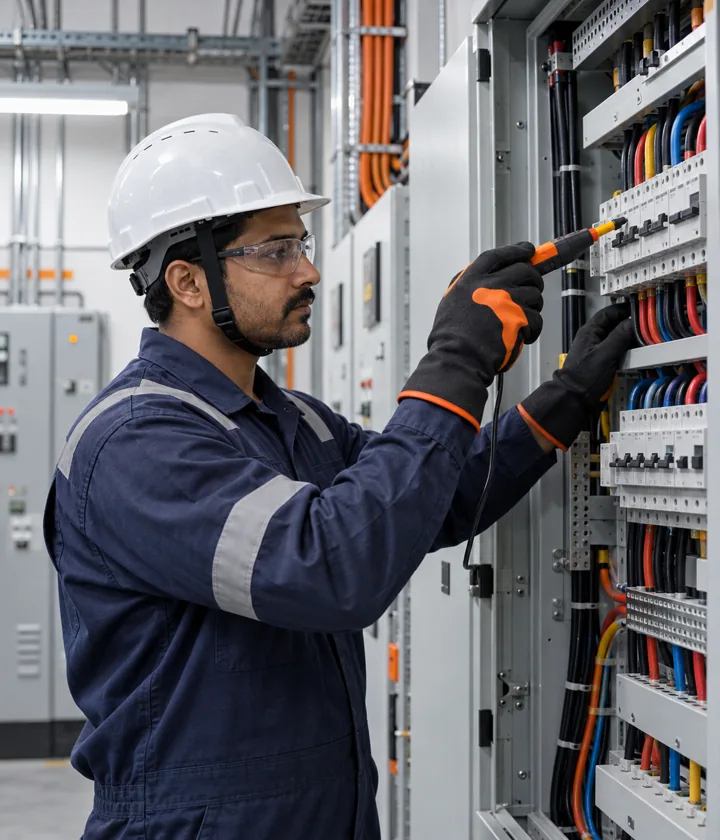 Electrician safely testing a commercial electrical panel
