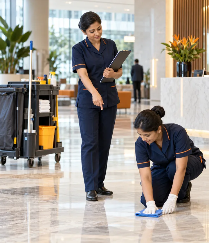 Housekeeping supervisor guiding an associate during a quality inspection