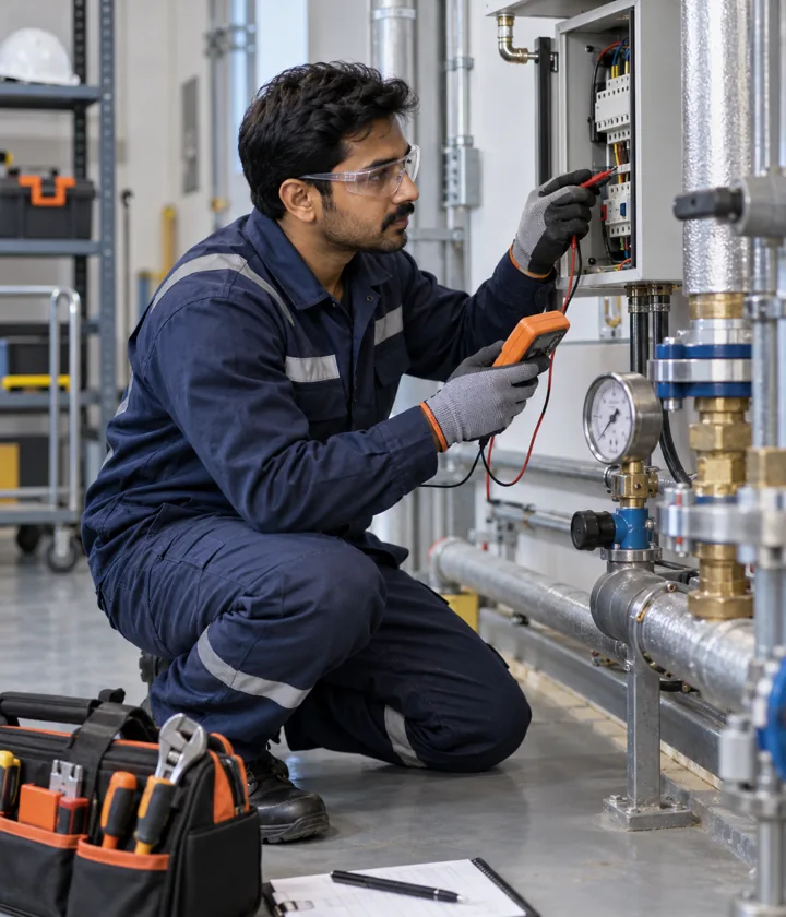 Multi-skilled technician carrying out a preventive maintenance test
