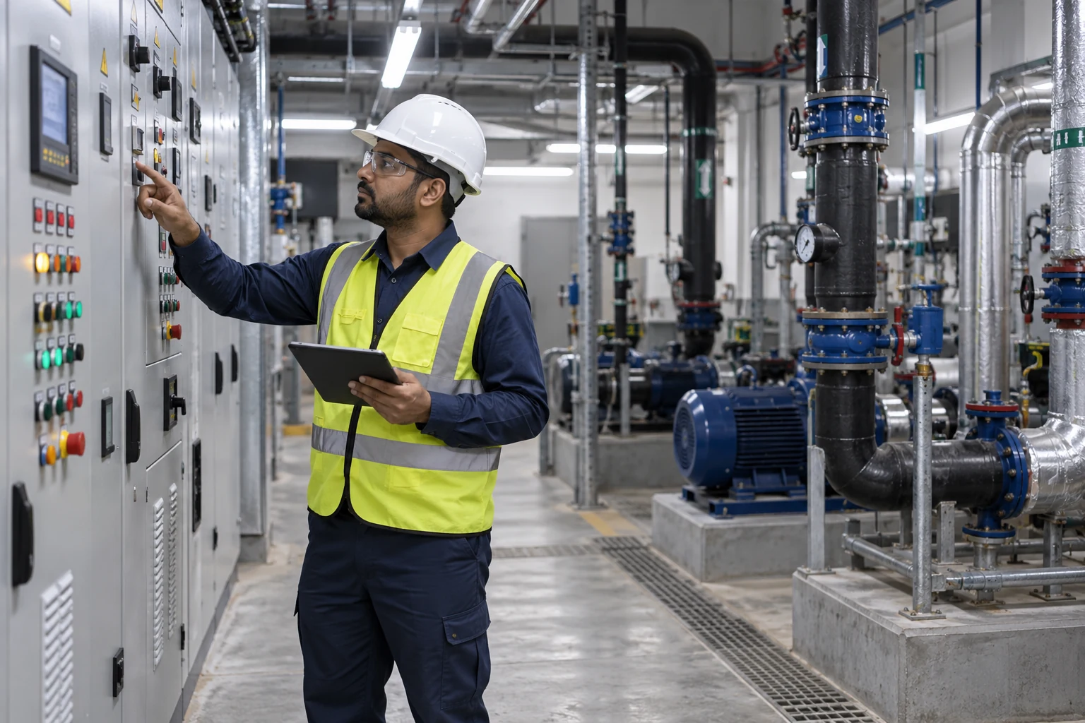 Electro-mechanical engineer inspecting commercial plant equipment