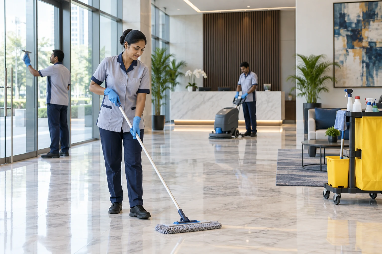 Professional housekeeping team cleaning a modern commercial office