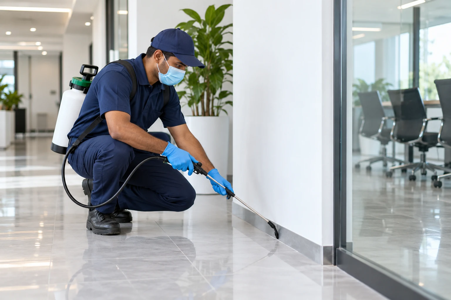Pest-control technician treating a clean commercial facility
