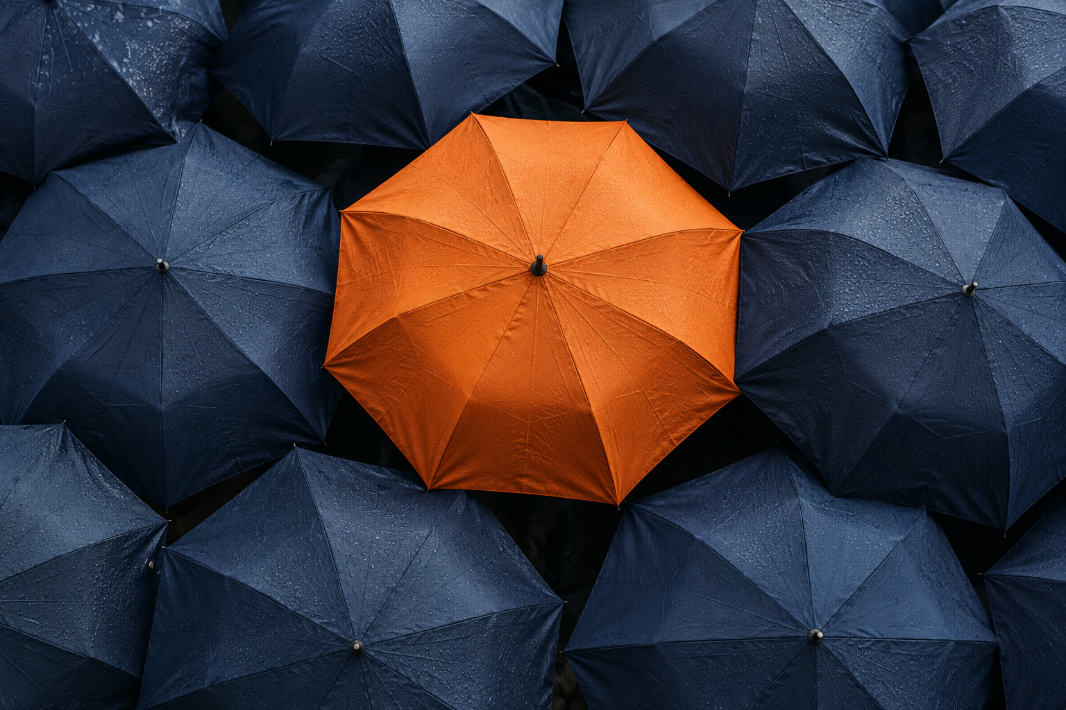 An orange umbrella standing out among navy umbrellas