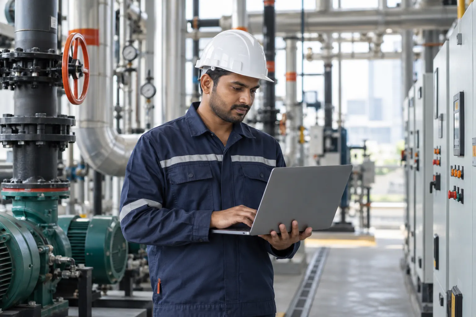 Facility engineer coordinating building operations on a laptop
