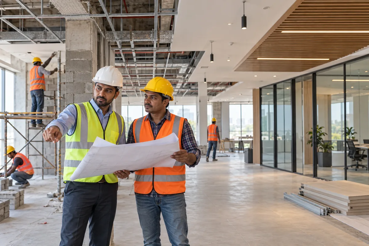 Civil engineers coordinating commercial interior works
