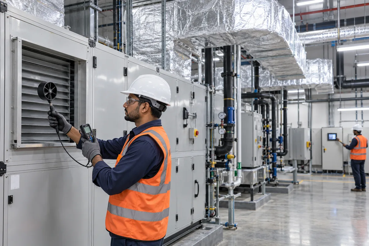 HVAC engineer measuring airflow in a mechanical plant room