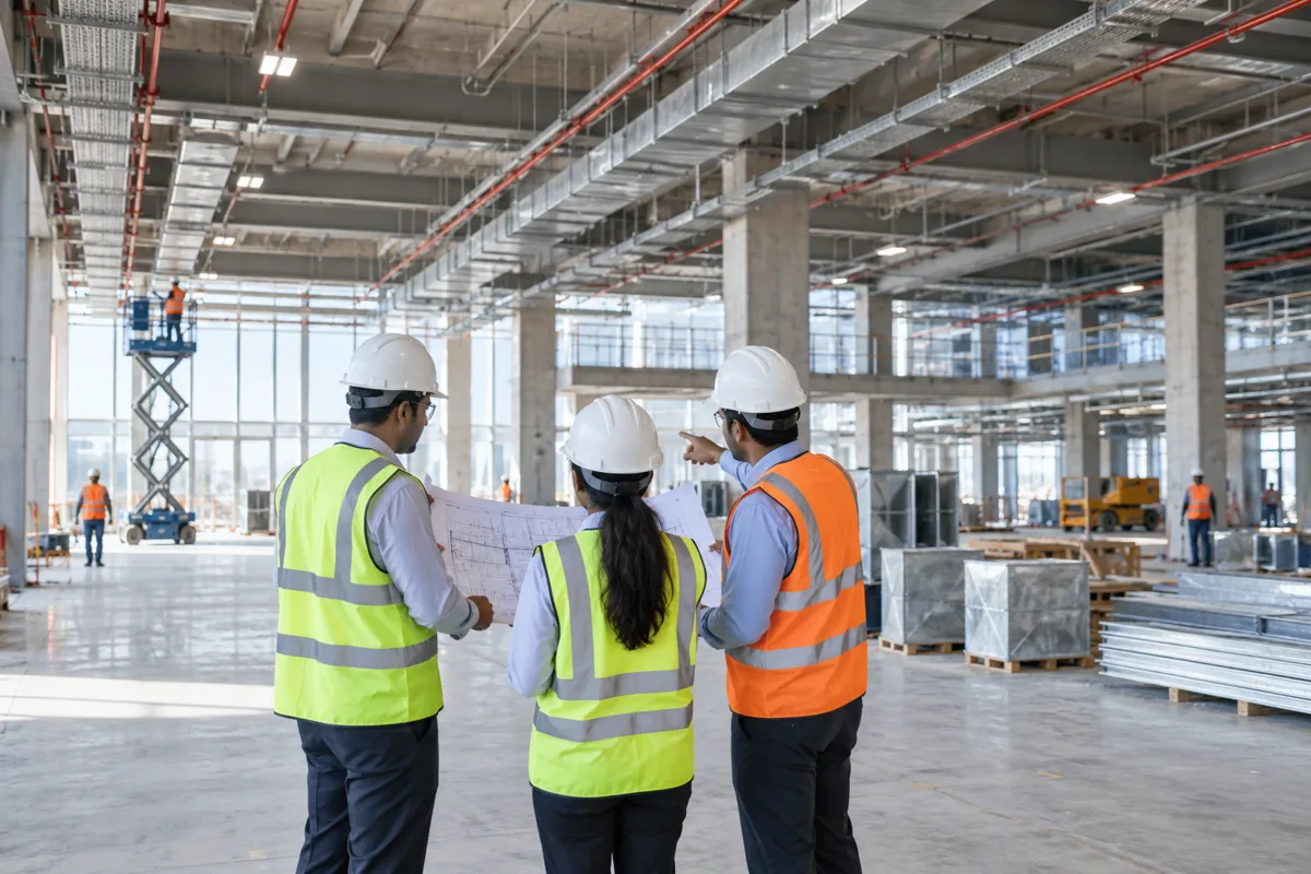Engineers coordinating infrastructure works at a commercial construction site