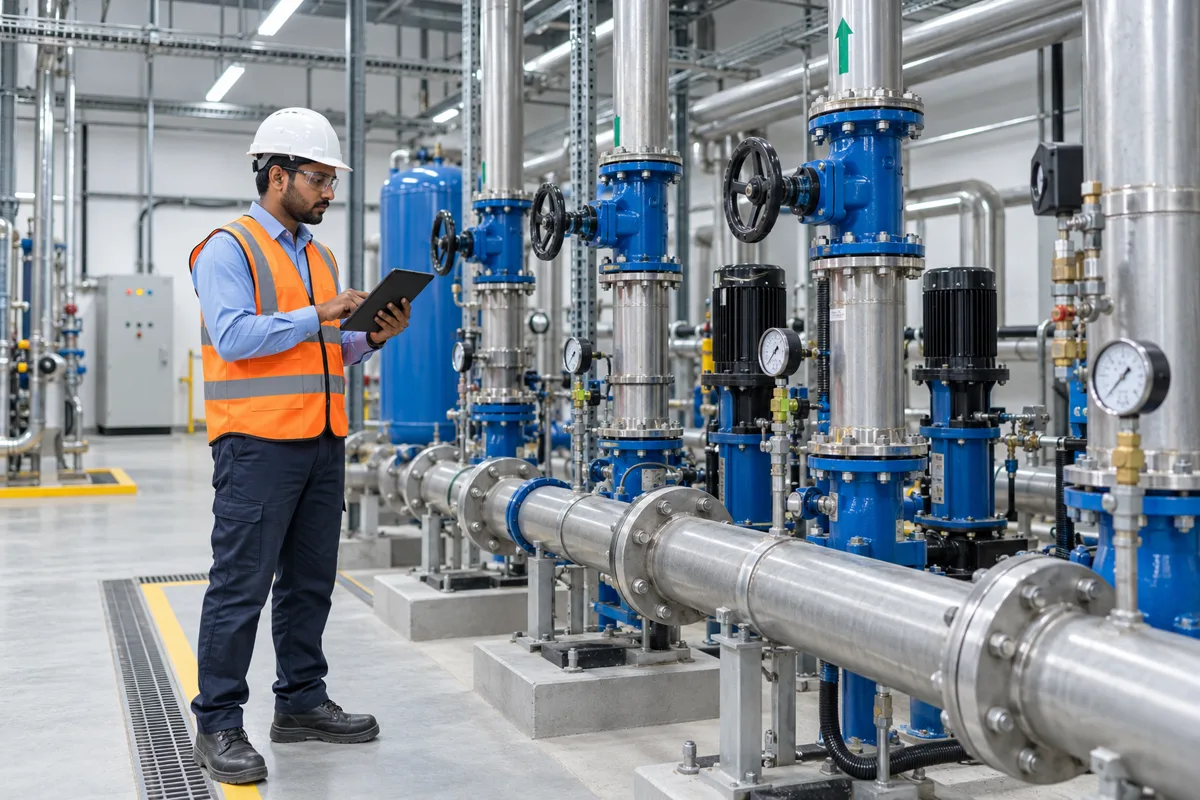 Engineer inspecting commercial plumbing and pump systems