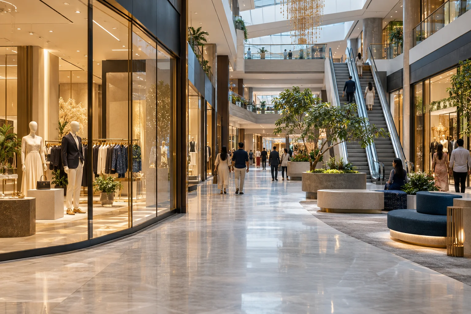 Modern shopping atrium with glass storefronts and escalators