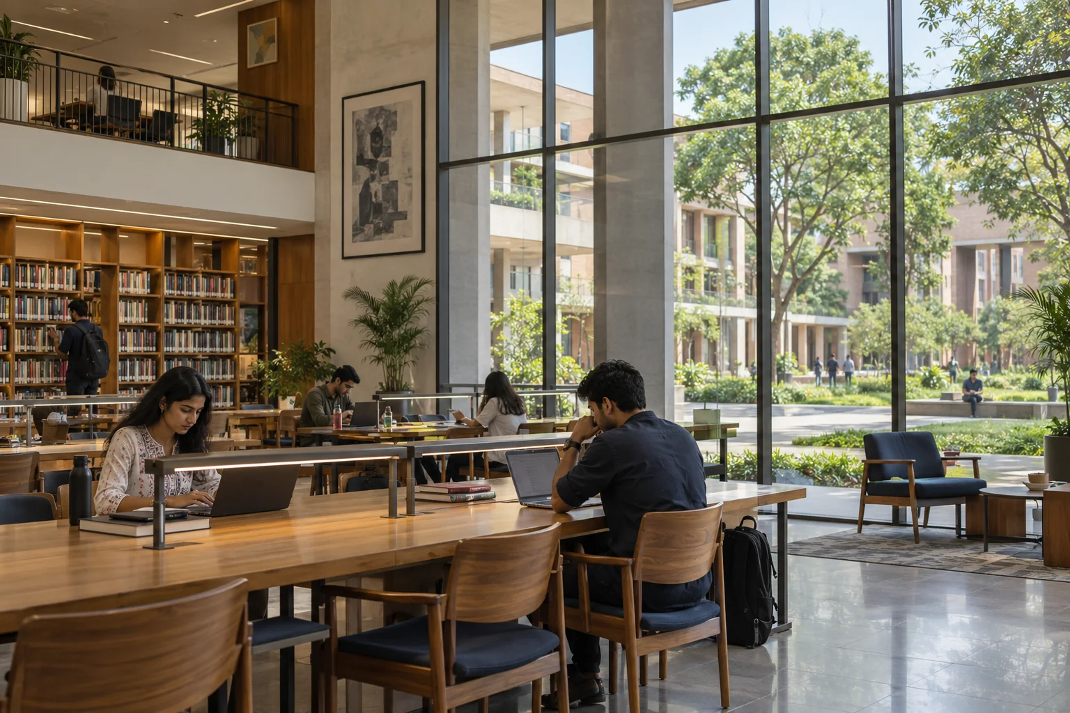 Light-filled university learning space with desks and library shelving