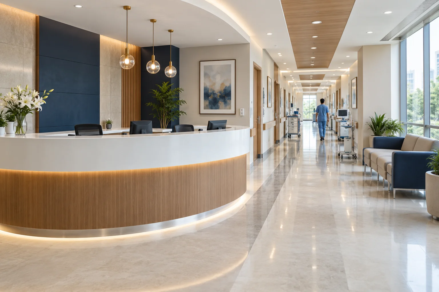 Bright hospital reception leading to a clean clinical corridor