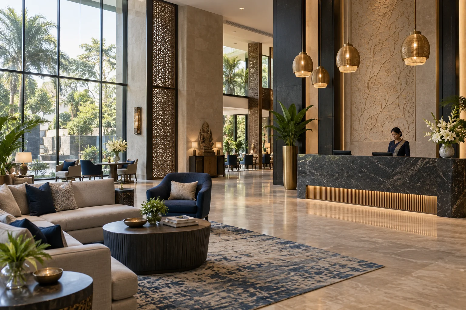 Contemporary hotel lobby with warm lighting and lounge seating