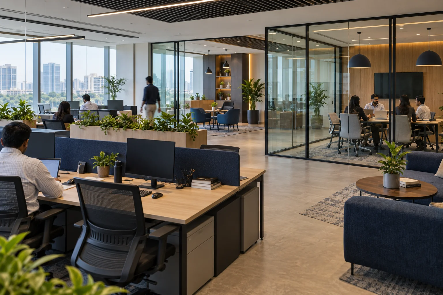 Modern technology office with glass meeting rooms and collaborative workspaces